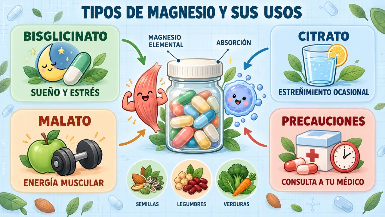 Bisglicinato para el sueño, citrato para el estreñimiento, malato para los músculos y precaución con la medicación.