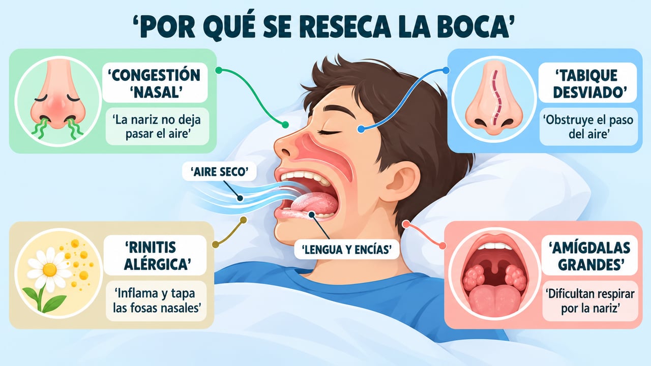 Congestión, tabique desviado, rinitis y amígdalas grandes empujan a respirar por la boca al dormir.