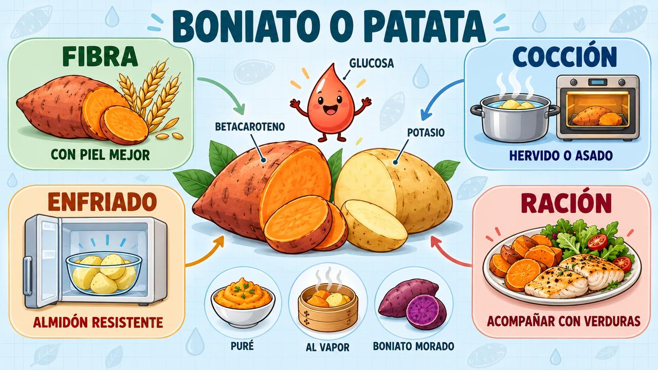 Fibra, cocción, enfriado y ración: cuatro claves para elegir entre boniato y patata.