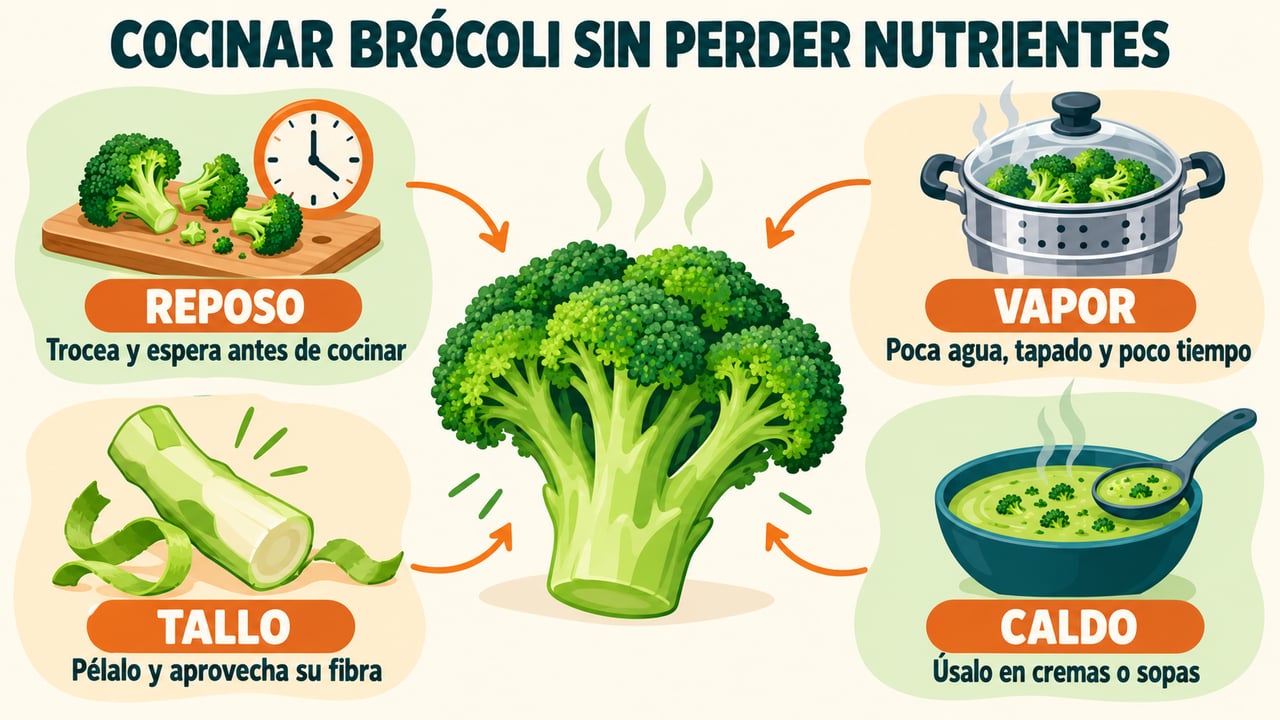 Cuatro gestos en casa para conservar nutrientes: reposo, vapor, tallo aprovechado y caldo reutilizado.