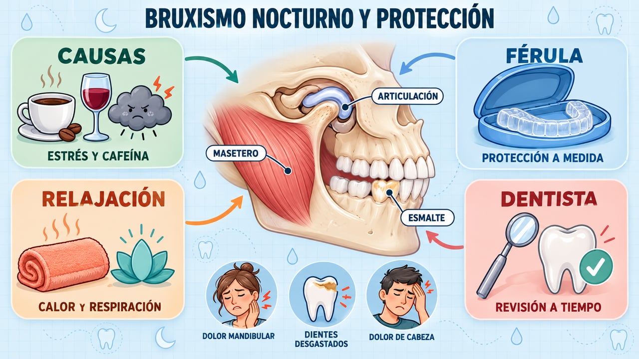 Causas, férula de descarga, relajación y revisión dental: cuatro pilares para controlar el bruxismo nocturno.