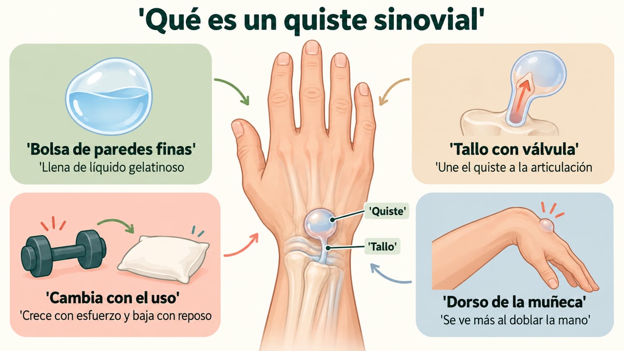 El quiste sinovial es una bolsa de líquido unida a la articulación por un tallo.
