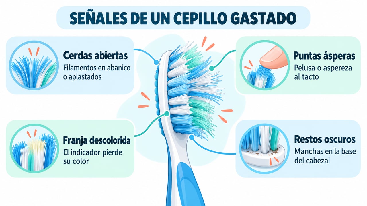 Cerdas abiertas, puntas ásperas, franja descolorida y restos oscuros indican que el cepillo ya no limpia bien.