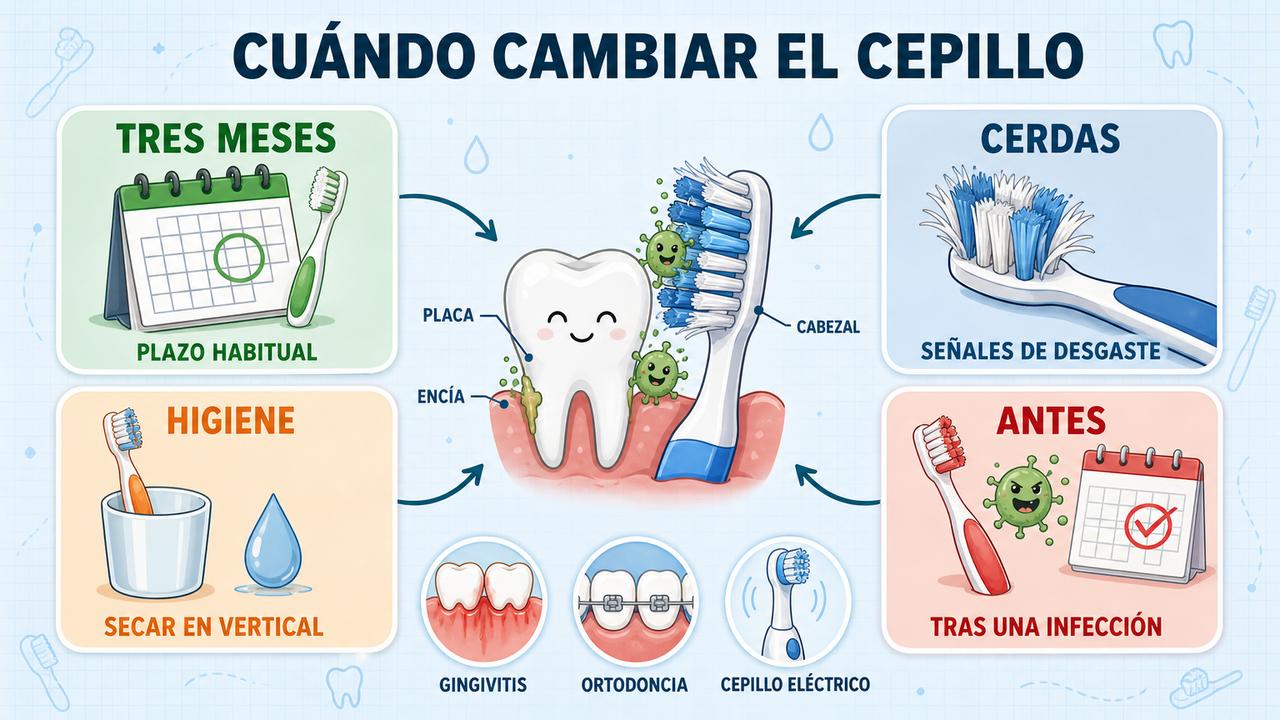Plazo de tres meses, cerdas desgastadas, buena higiene y cambio anticipado tras infecciones.