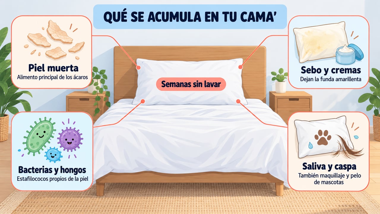 Piel muerta, sebo, bacterias, saliva y caspa se acumulan en la ropa de cama sin lavar.