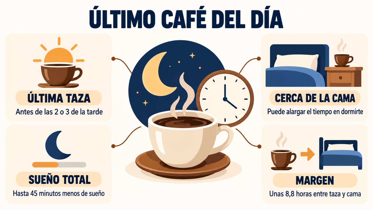 Última taza antes de las tres, efecto cerca de la cama, sueño perdido y margen de horas.