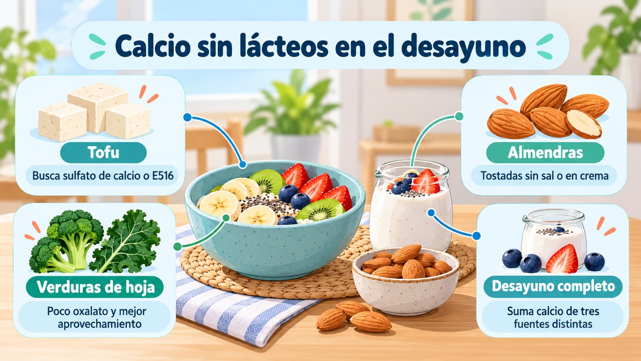 Tofu con sulfato de calcio, almendras y verduras de hoja forman un desayuno con calcio de varias fuentes.