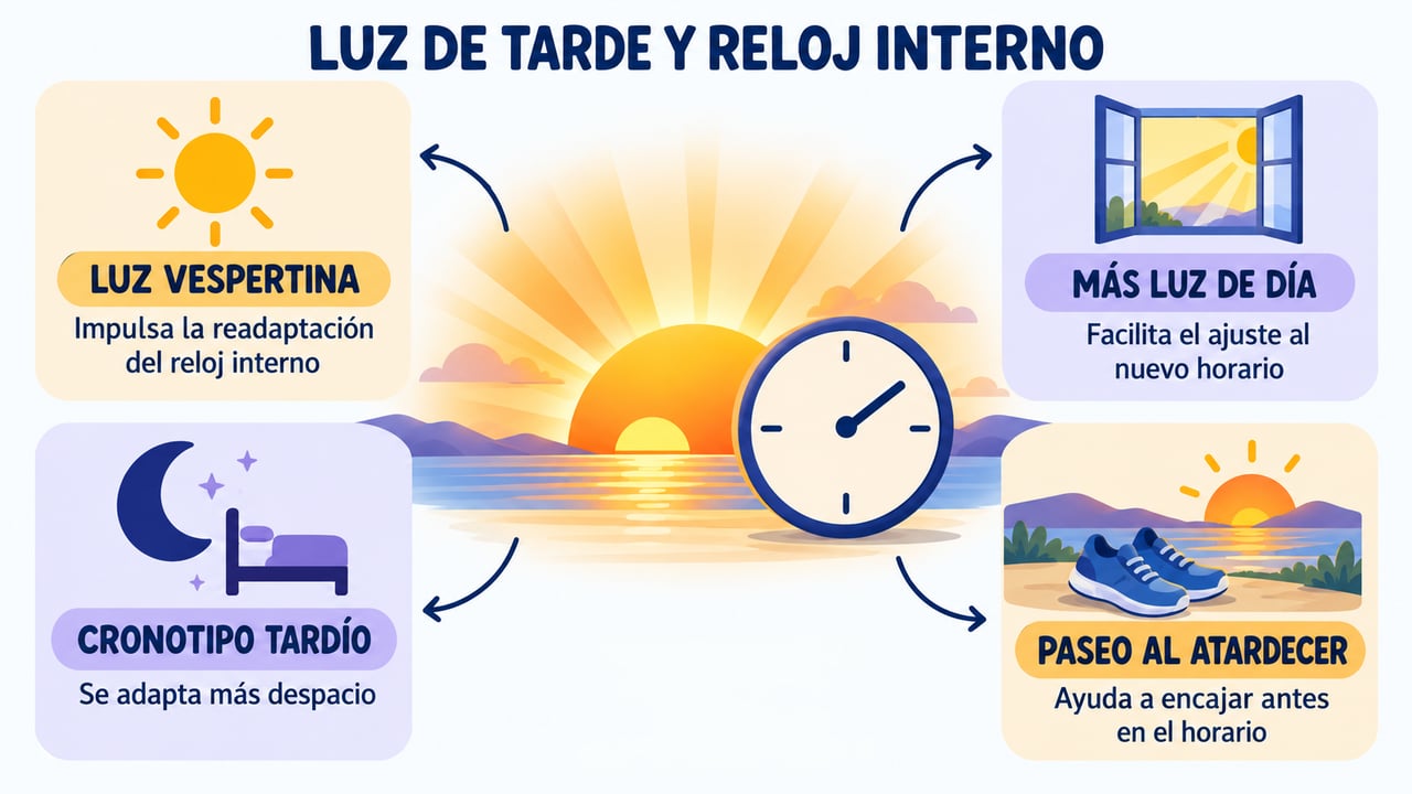 La luz de la tarde, más luz diurna y un paseo al atardecer aceleran la readaptación.
