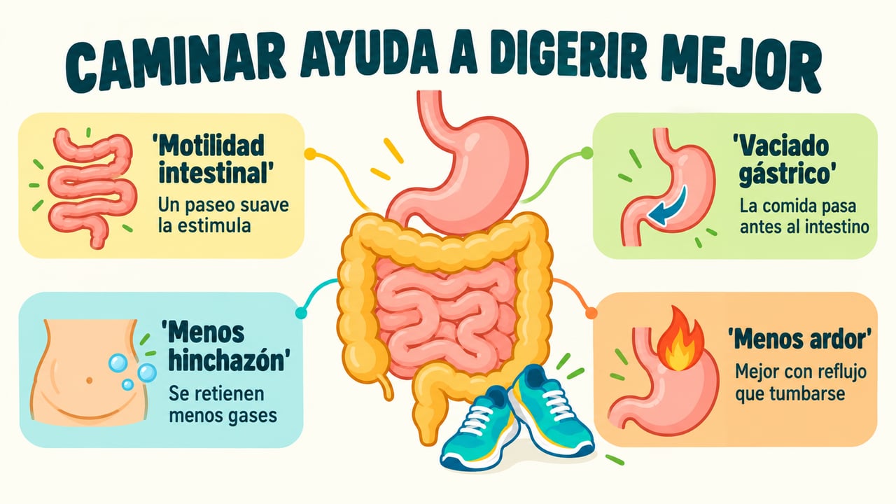 Caminar suave tras comer estimula el intestino, acelera el vaciado gástrico y reduce hinchazón y ardor.