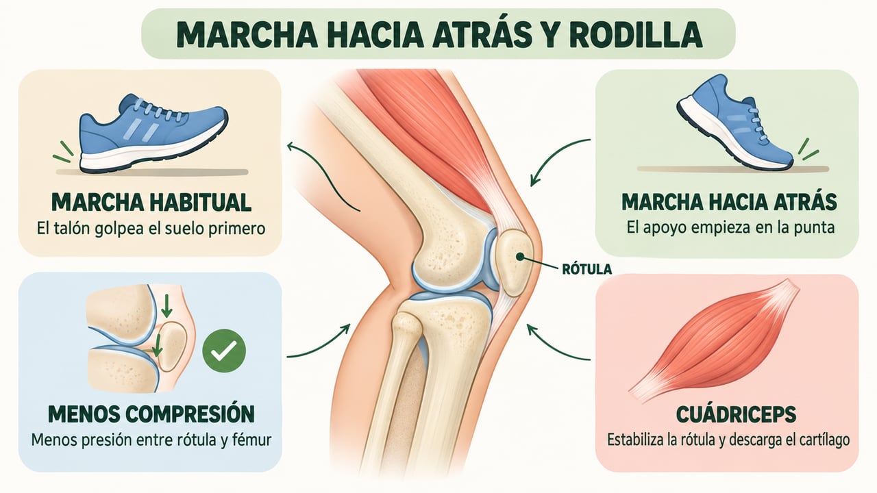 Al invertir la marcha, el apoyo cambia al antepié, baja la compresión rotuliana y el cuádriceps trabaja más.
