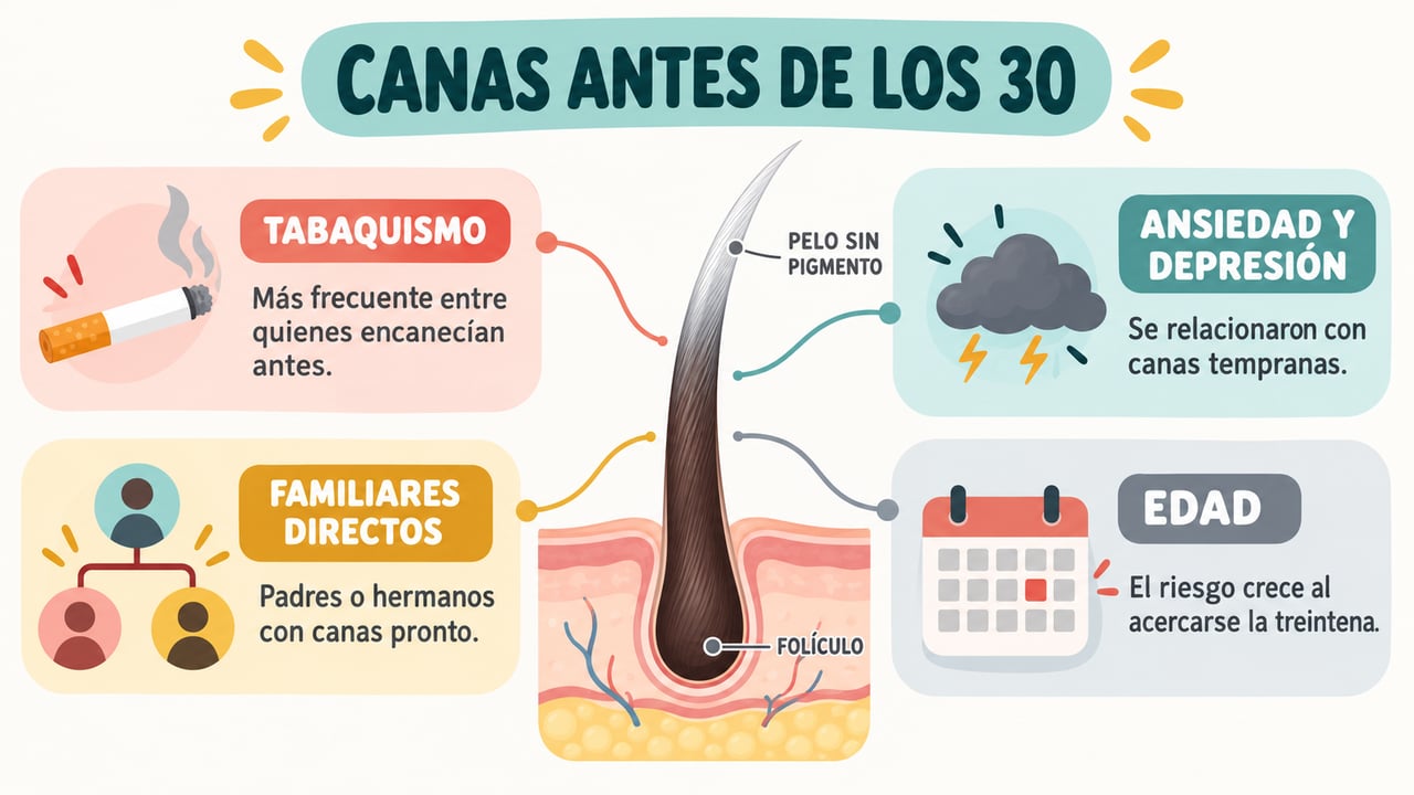 Tabaquismo, ansiedad y depresión, familiares directos y edad se relacionaron con canas antes de los 30.