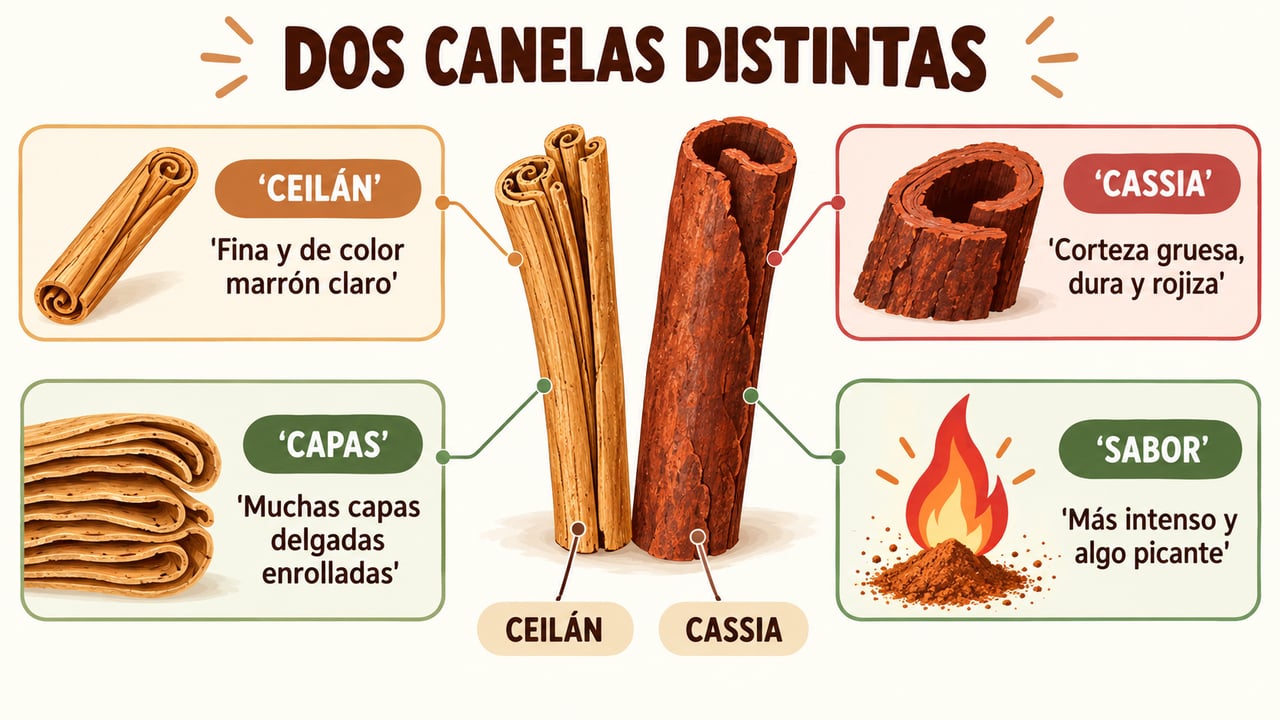 La canela de Ceilán es fina y clara; la cassia, gruesa, dura y rojiza.