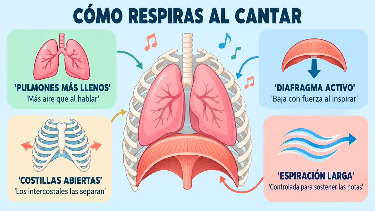 Al cantar, los pulmones se llenan más, el diafragma baja y la espiración se alarga.