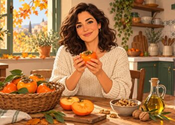 El caqui, fruta dulce del otoño, aporta fibra y carotenoides a la dieta mediterránea.