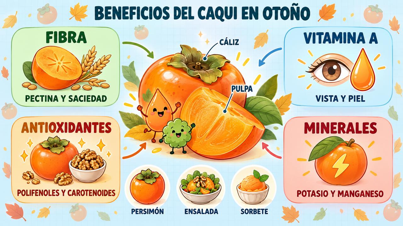 Cuatro pilares del caqui: fibra, vitamina A, antioxidantes y minerales como potasio y manganeso.