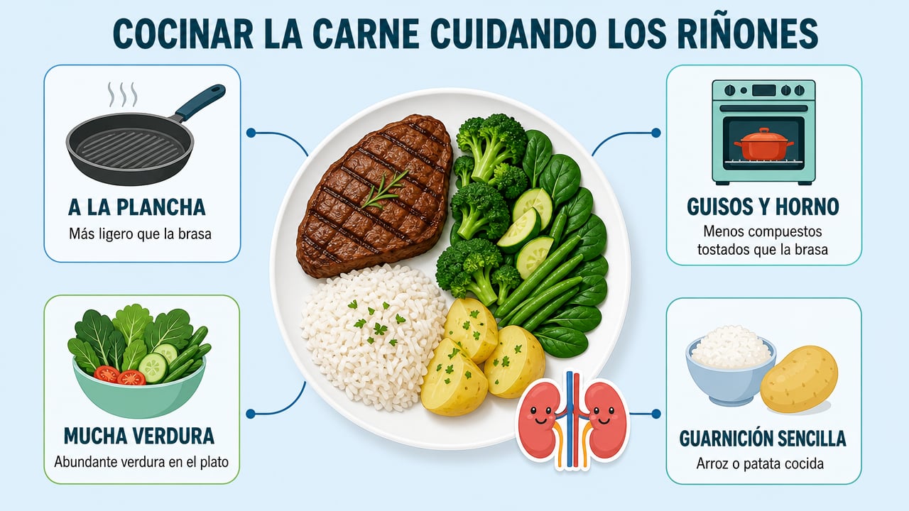 Plancha, horno, mucha verdura y guarnición sencilla: formas de aligerar la carga renal de la carne.