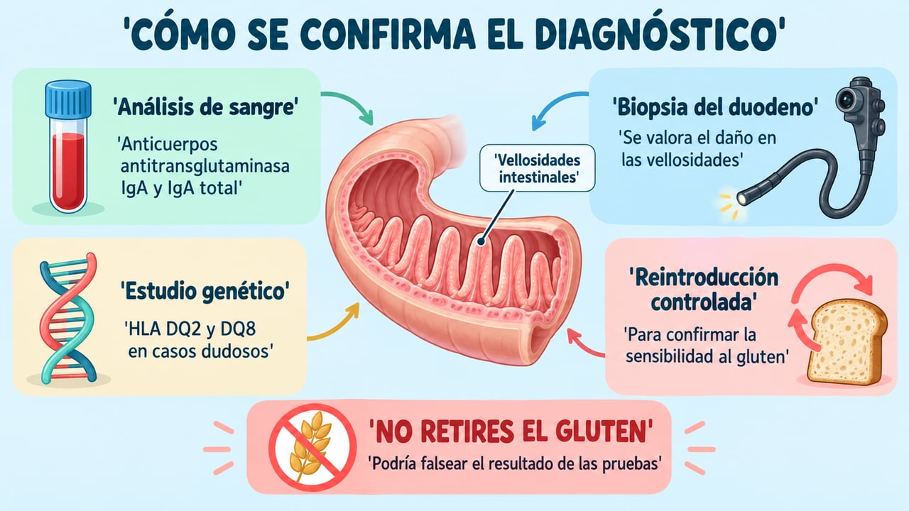 Pasos del diagnóstico: análisis de sangre, biopsia, estudio genético y reintroducción controlada del gluten.