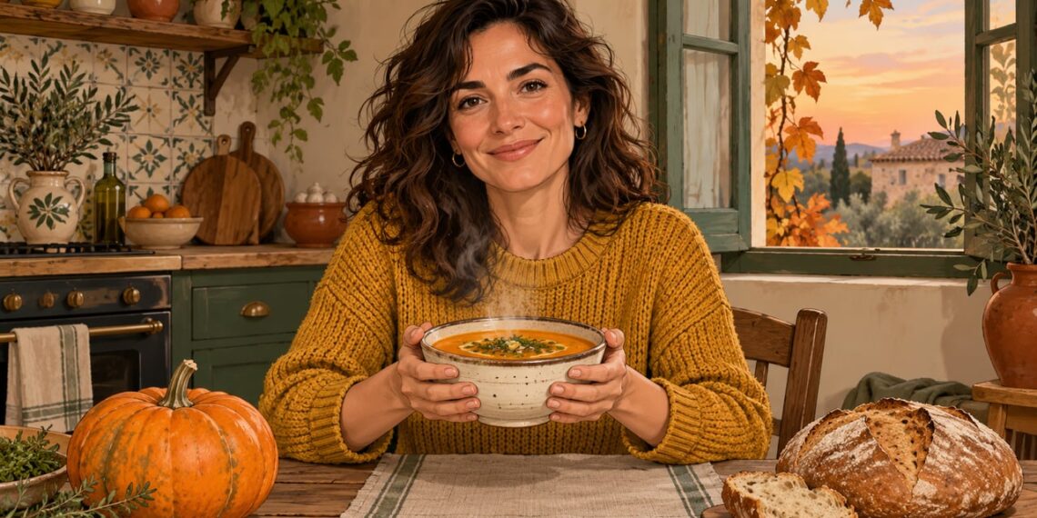Un cuenco de sopa de verduras caliente, ligera y reconfortante para cenar en otoño.