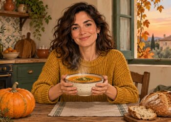 Un cuenco de sopa de verduras caliente, ligera y reconfortante para cenar en otoño.