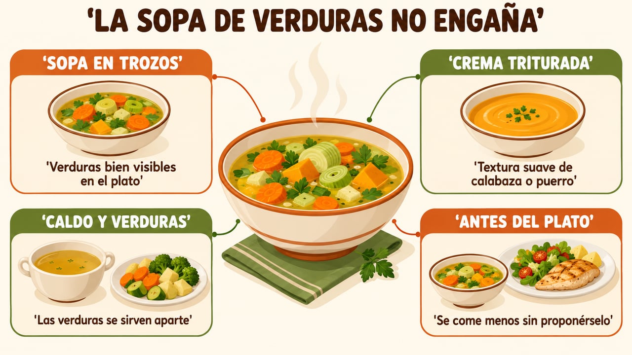 Sopa en trozos, crema o caldo con verduras aparte: la textura apenas cambia el efecto saciante.