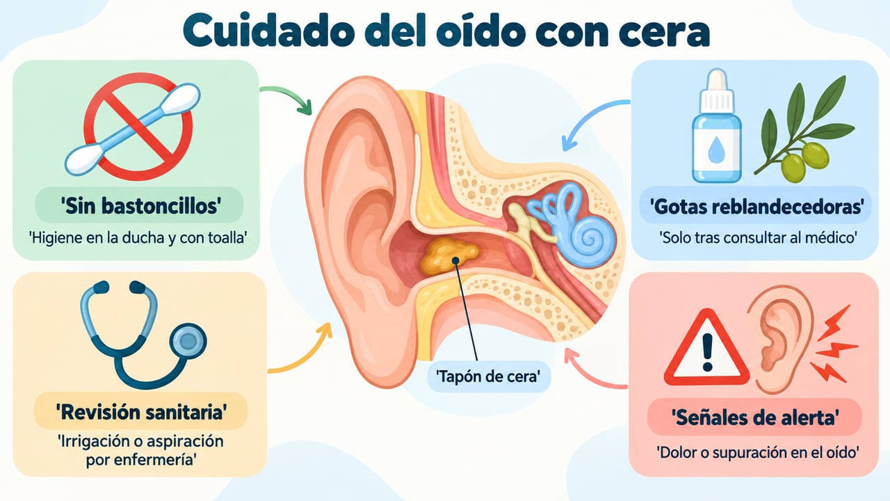 Sin bastoncillos, con gotas consultadas, revisión de enfermería y atención a las señales de alerta.