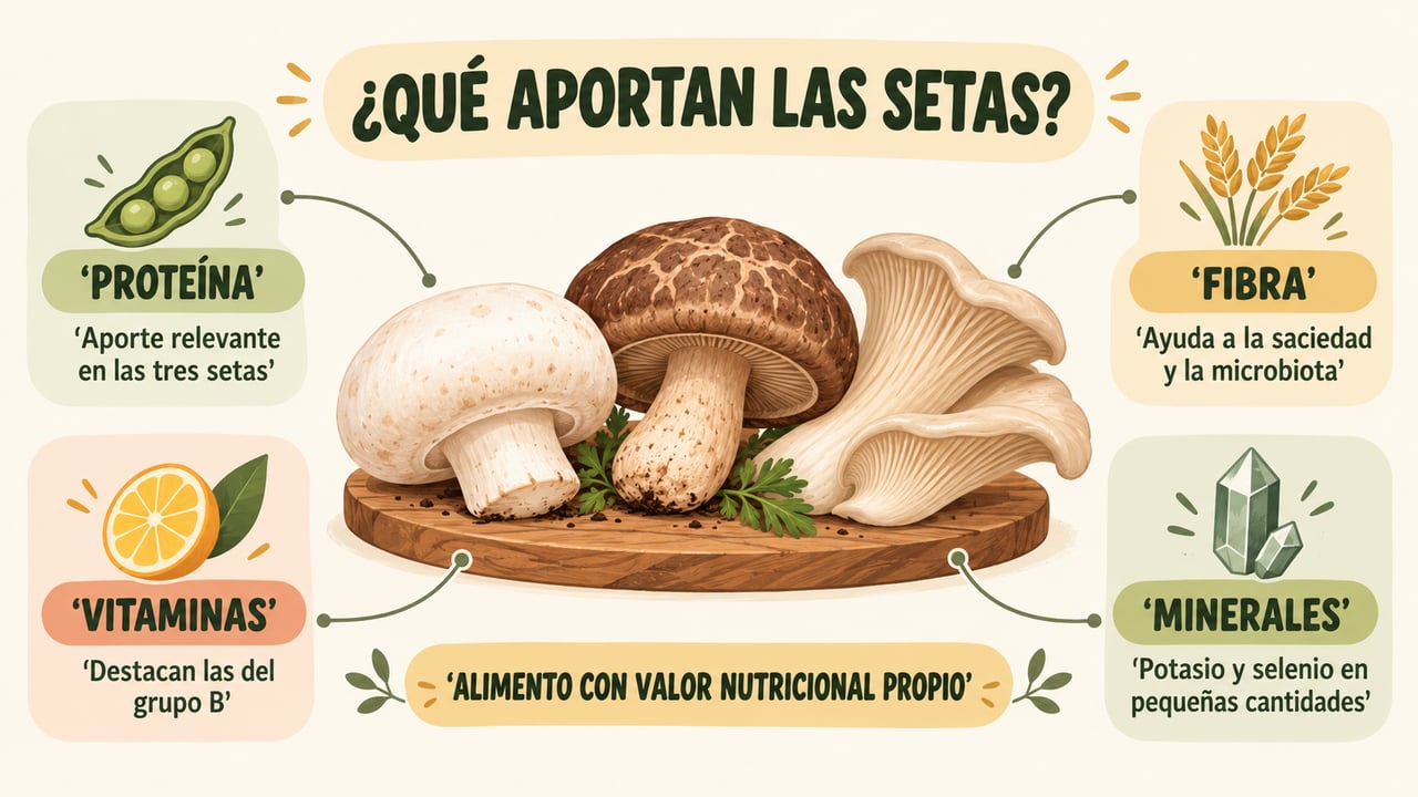 Champiñón, shiitake y seta de ostra aportan proteína, fibra, vitaminas y minerales.