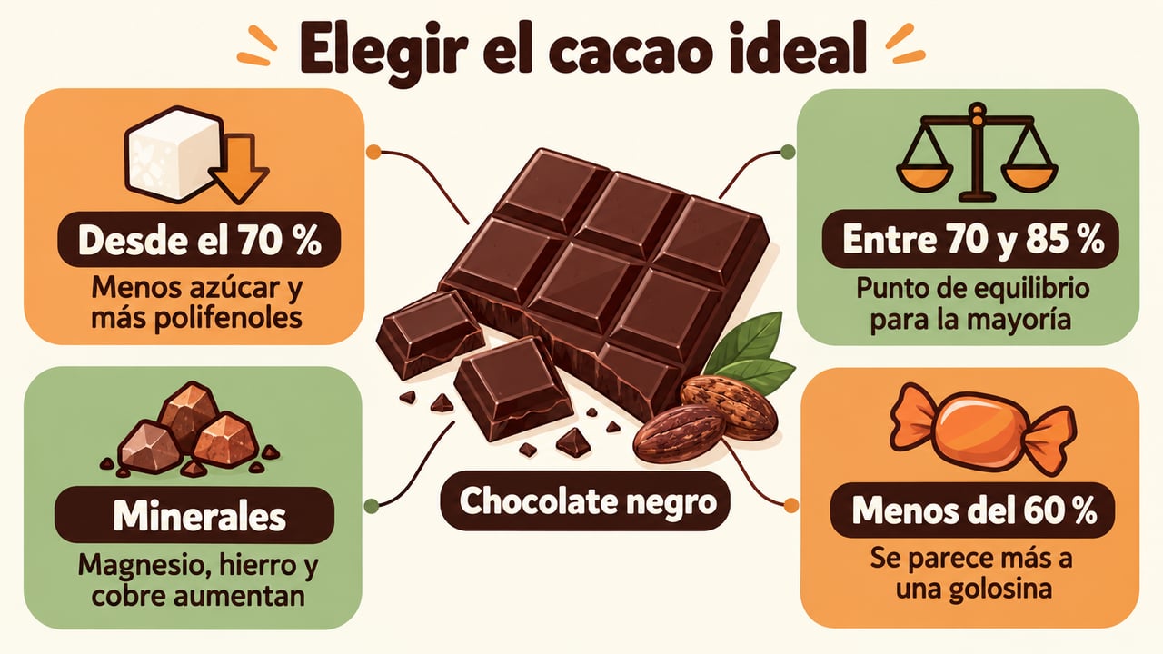 Entre el 70 y el 85 % de cacao se logra el mejor equilibrio entre sabor y nutrientes.