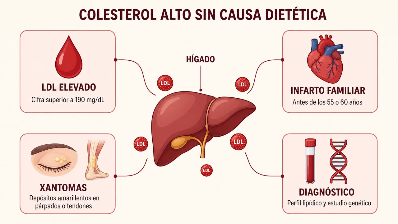 Pistas de la hipercolesterolemia familiar: LDL alto, infartos precoces en la familia, xantomas y diagnóstico por analítica.