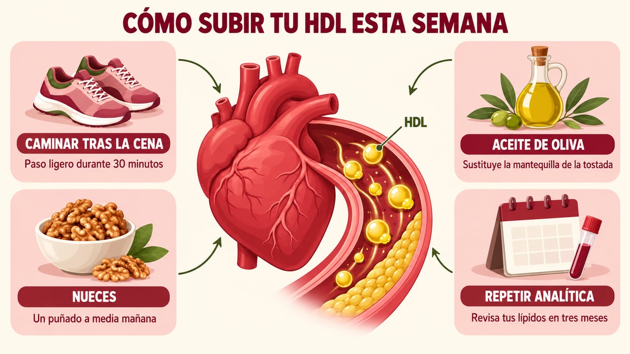 Cuatro pasos para esta semana: caminar, aceite de oliva, nueces y repetir la analítica.