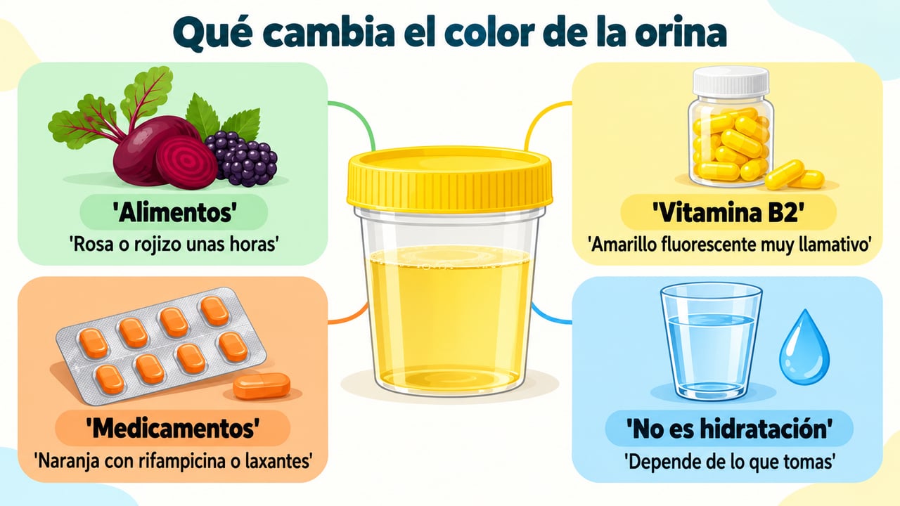 Remolacha, vitamina B2 y ciertos fármacos tiñen la orina sin relación con la hidratación.