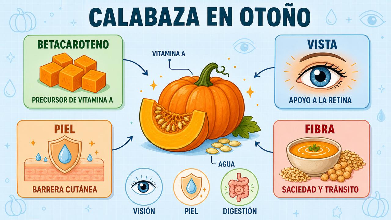 Betacaroteno, vista, piel y fibra resumen los pilares nutricionales de la calabaza.