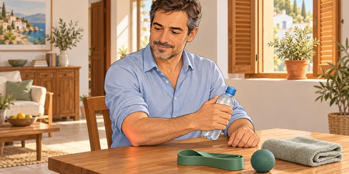 Ejercicios sencillos en casa, con el antebrazo apoyado, ayudan a aliviar el dolor del codo de tenista.