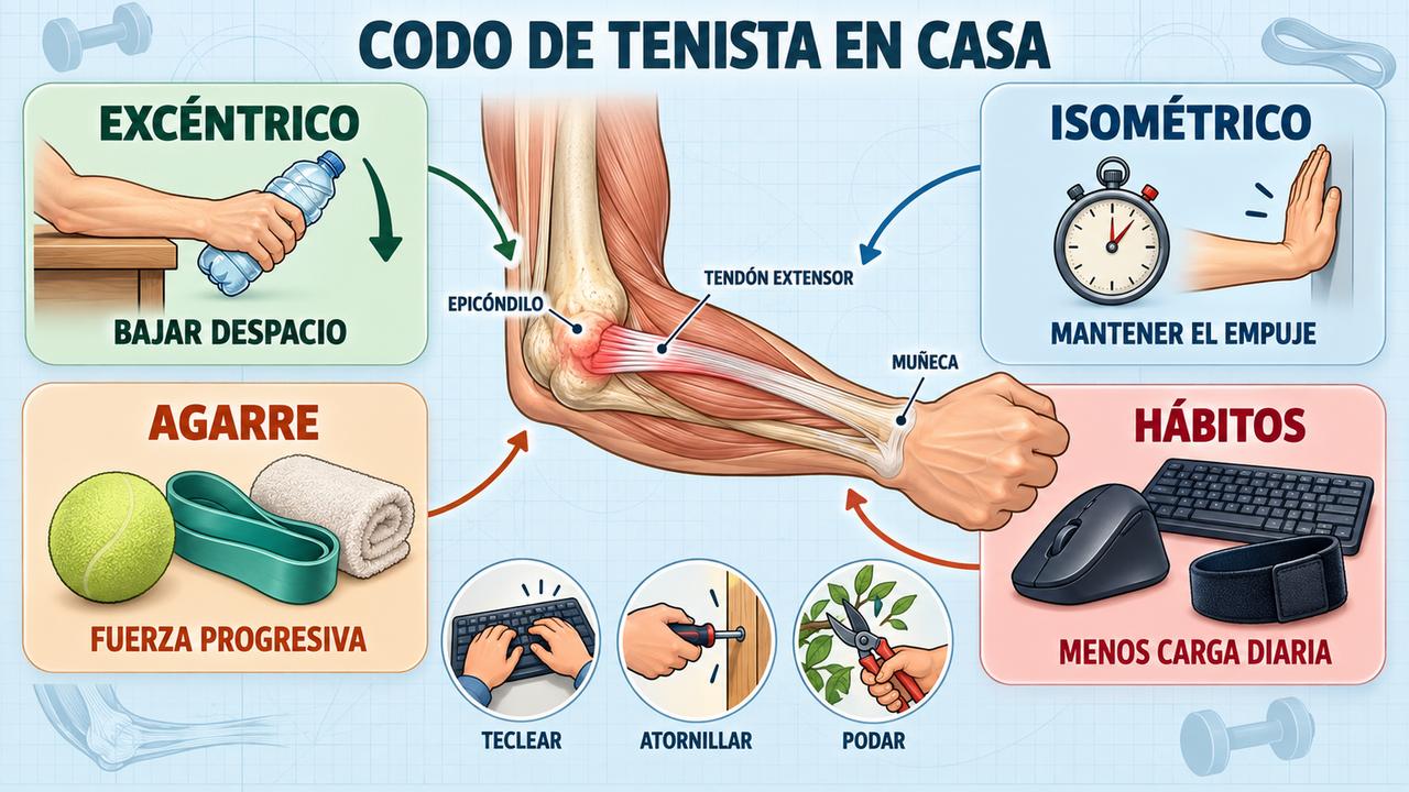 Cuatro pilares contra la epicondilitis: trabajo excéntrico, isométrico, ejercicios de agarre y hábitos que reducen la carga.
