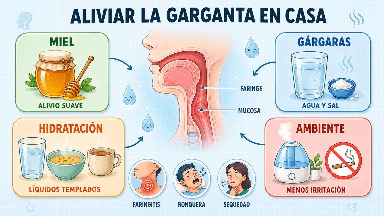 Miel, gárgaras, hidratación y menos irritación ayudan a aliviar la garganta.