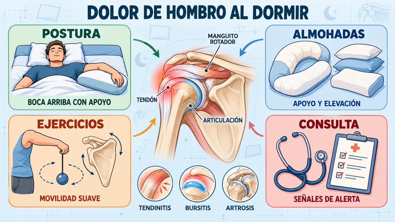 Postura, almohadas, ejercicios suaves y consulta médica: cuatro pilares para aliviar el dolor de hombro nocturno.