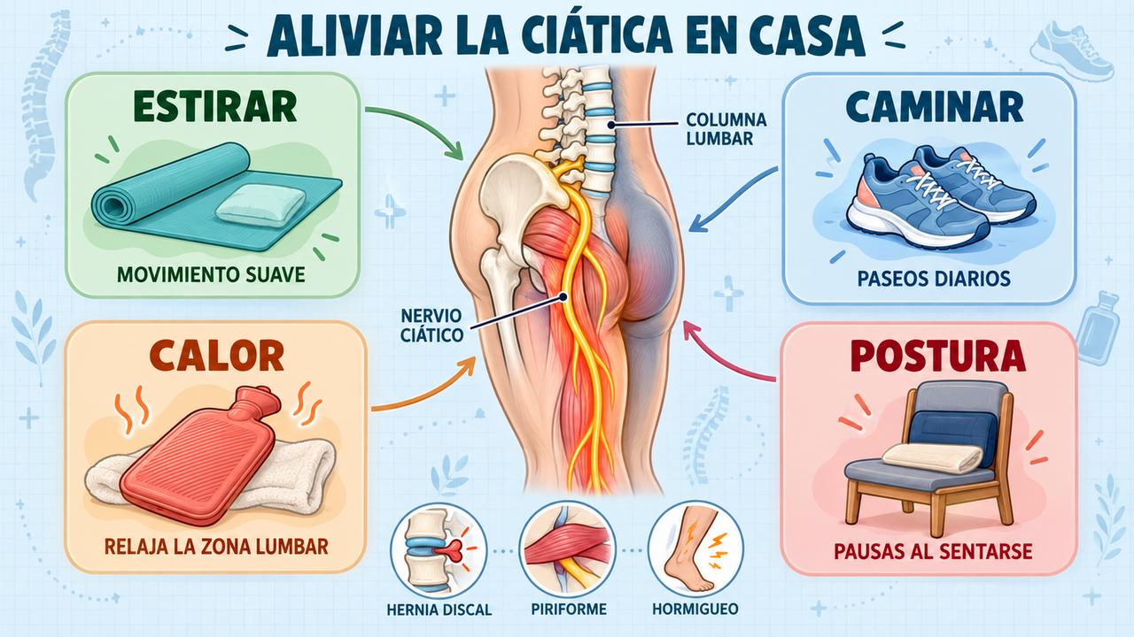 Cuatro pilares para aliviar la ciática: estiramientos, paseos, calor local y buena postura al sentarse.