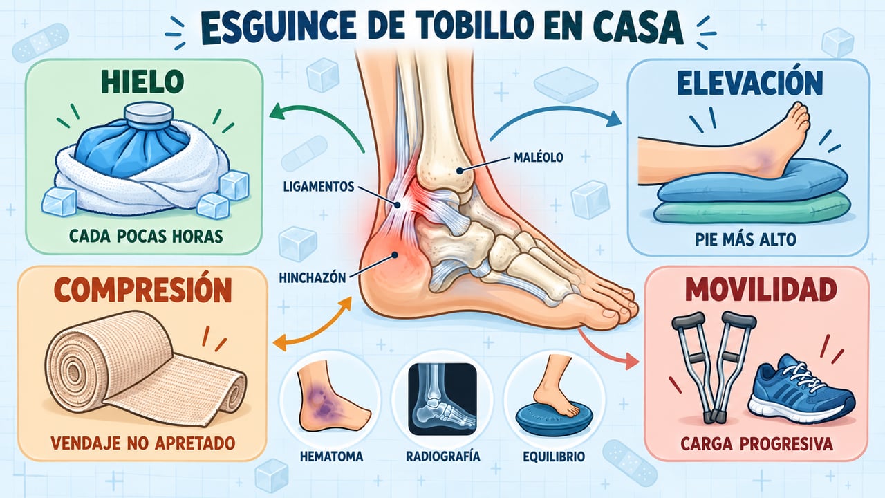 Hielo, elevación, compresión y movilidad progresiva: los cuatro cuidados clave para recuperar un esguince de tobillo en casa.