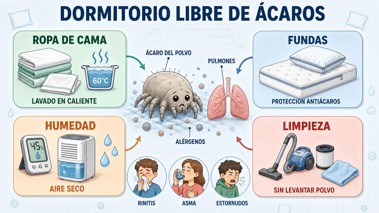 Cuatro pilares contra los ácaros: ropa de cama caliente, fundas, humedad baja y limpieza sin polvo.