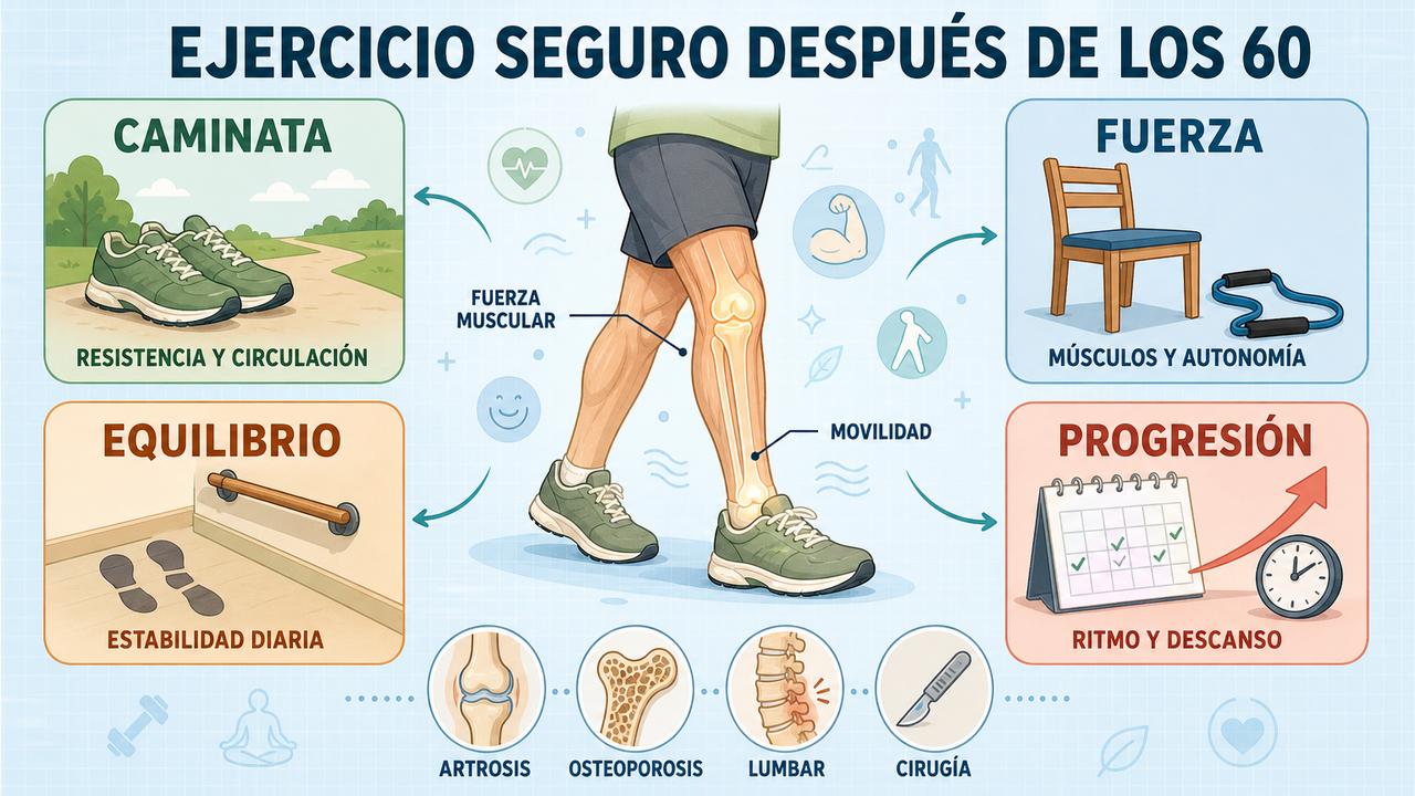 Caminata, fuerza, equilibrio y progresión sostienen un ejercicio seguro en mayores.