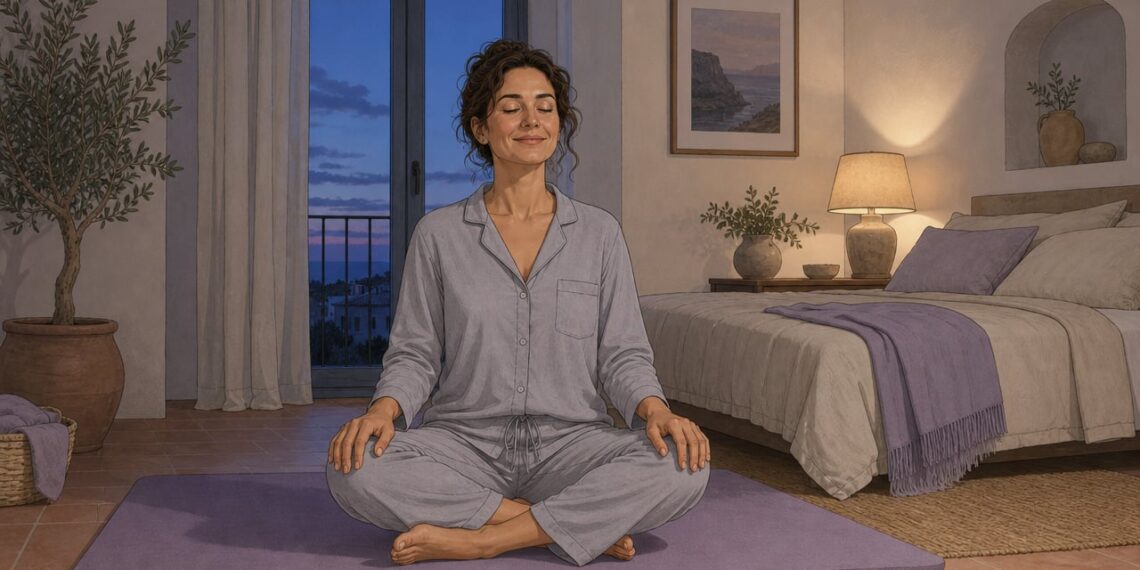 Unos minutos de estiramientos suaves sobre la esterilla preparan el cuerpo para un descanso más profundo.