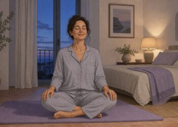 Unos minutos de estiramientos suaves sobre la esterilla preparan el cuerpo para un descanso más profundo.