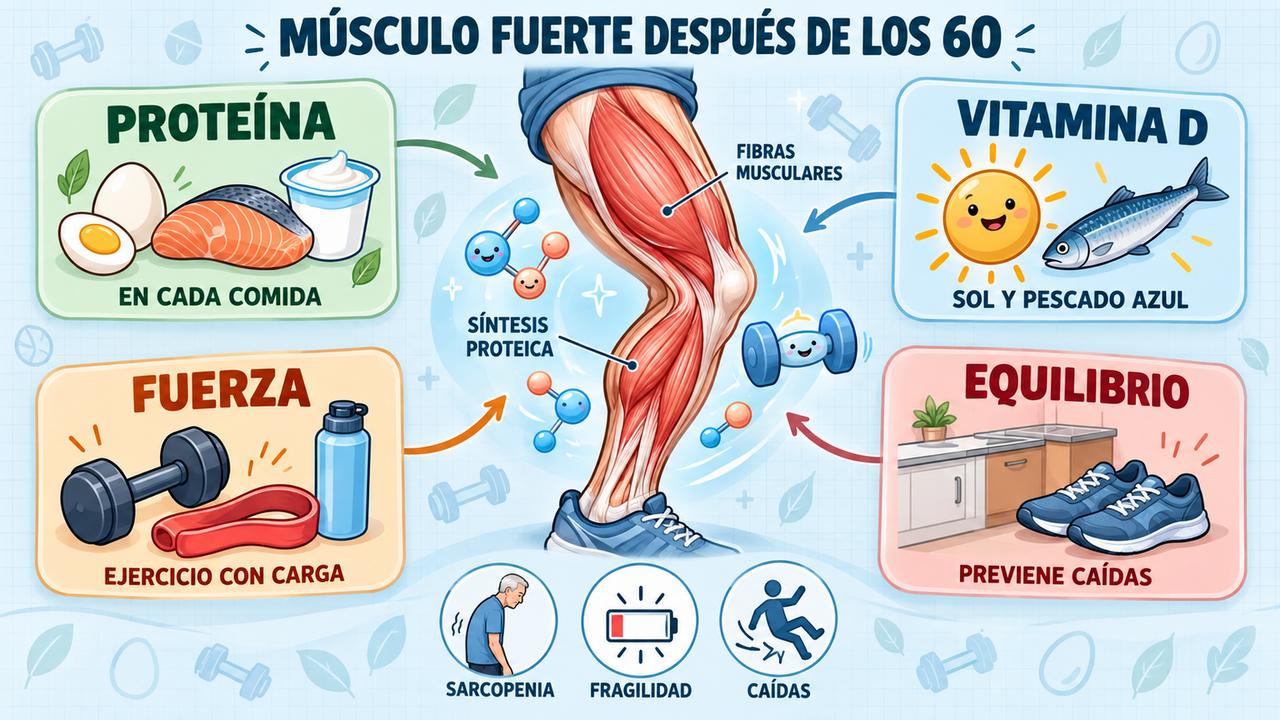 Cuatro pilares contra la sarcopenia: proteína repartida, vitamina D, ejercicios de fuerza y trabajo de equilibrio.