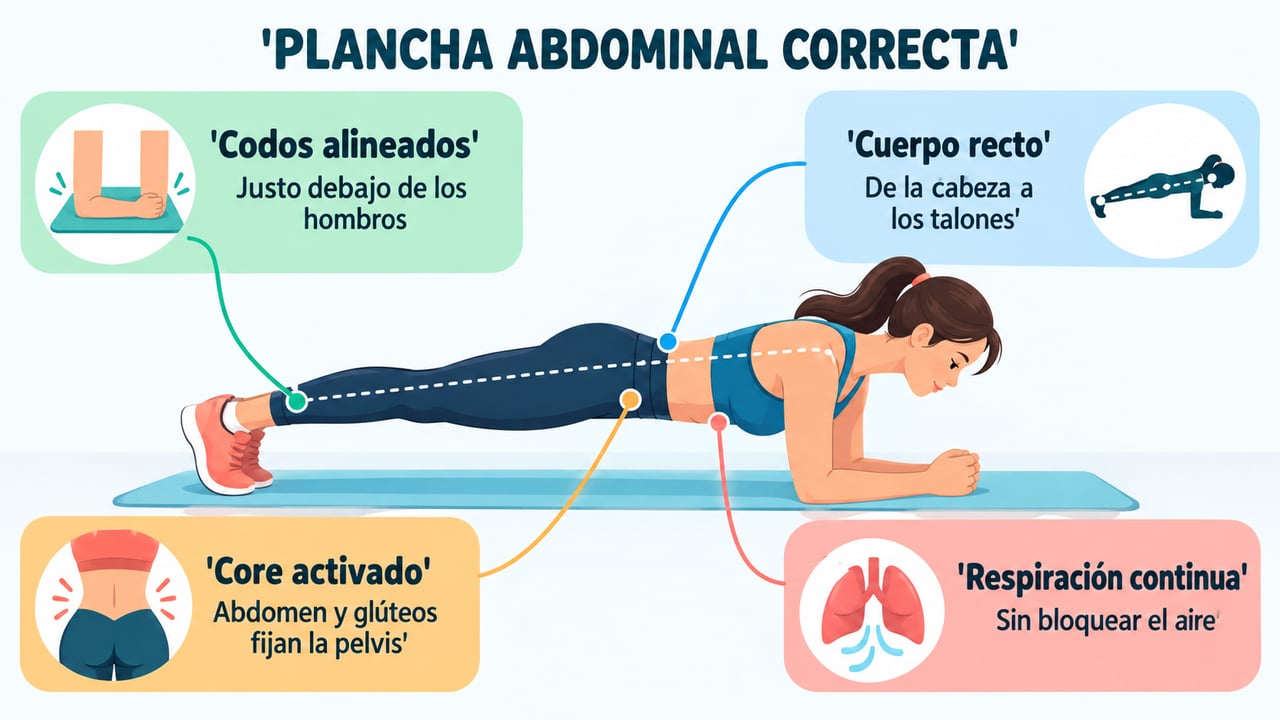 Cuatro puntos de control de la plancha: codos alineados, cuerpo recto, core activo y respiración continua.