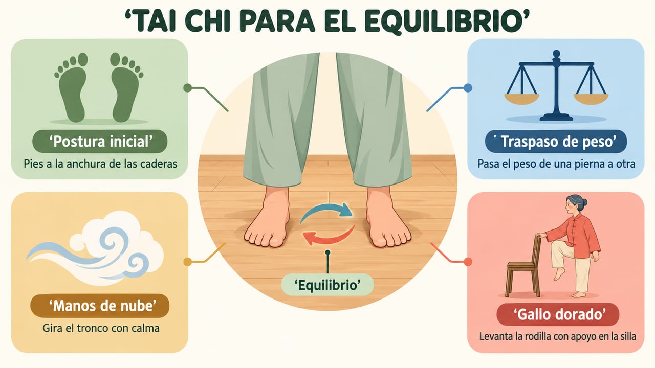 Cuatro movimientos sencillos de tai chi para entrenar el equilibrio en casa con seguridad.