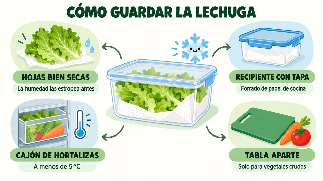 Hojas secas, recipiente con tapa, cajón frío y tabla aparte para conservar la lechuga.