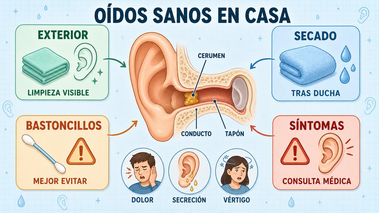 Cuidados básicos del oído y señales de alerta ante cerumen acumulado.