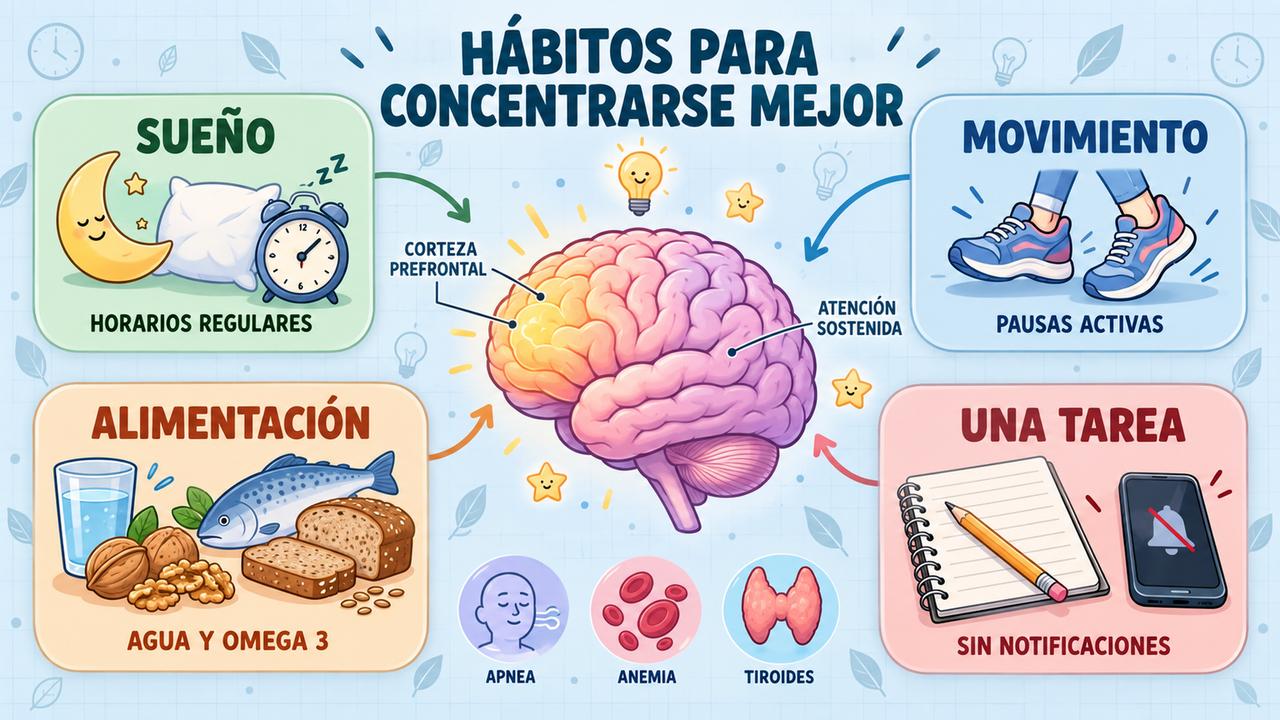 Sueño regular, movimiento, alimentación equilibrada y trabajo en una sola tarea sostienen la atención del cerebro.