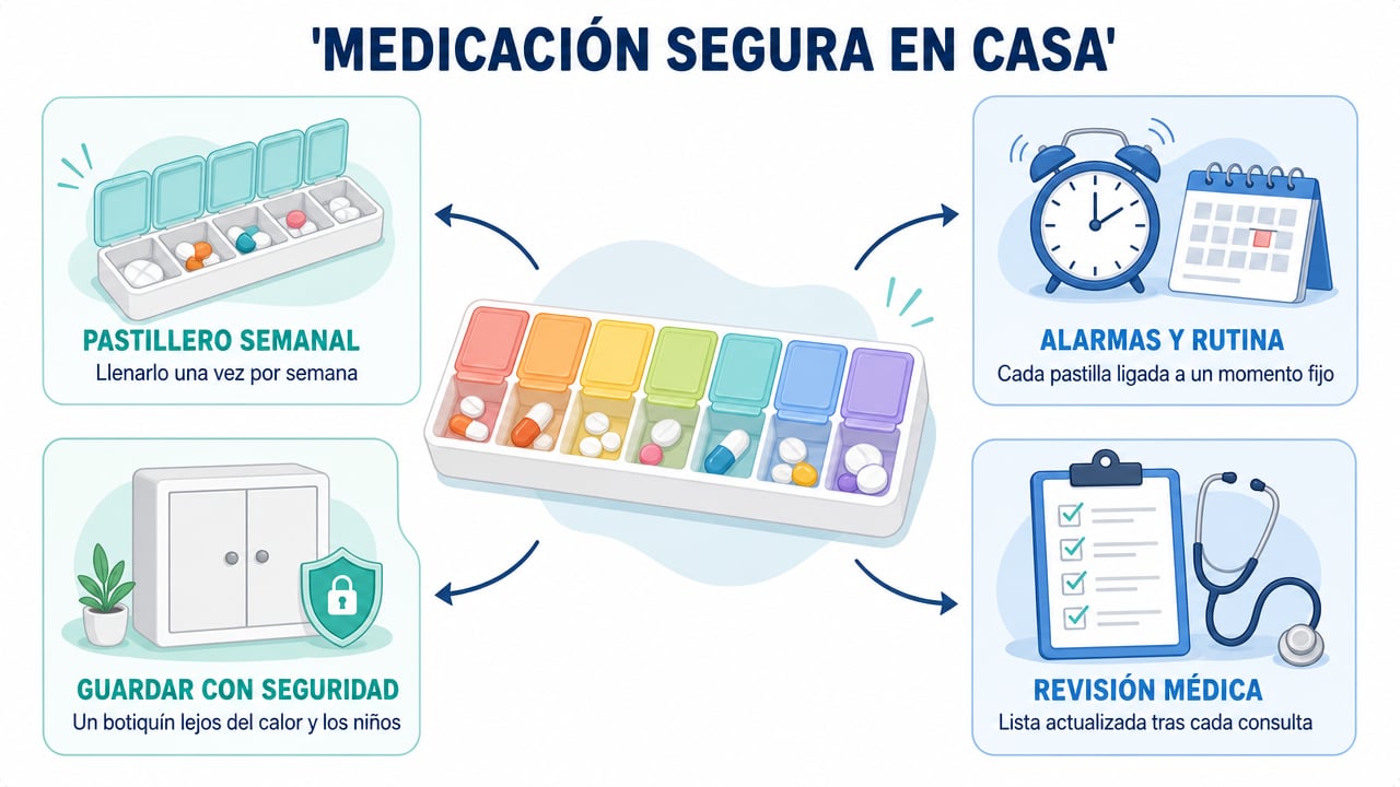 Pastillero semanal, alarmas, almacenamiento seguro y revisión médica son los cuatro pilares para evitar errores con la medicación.
