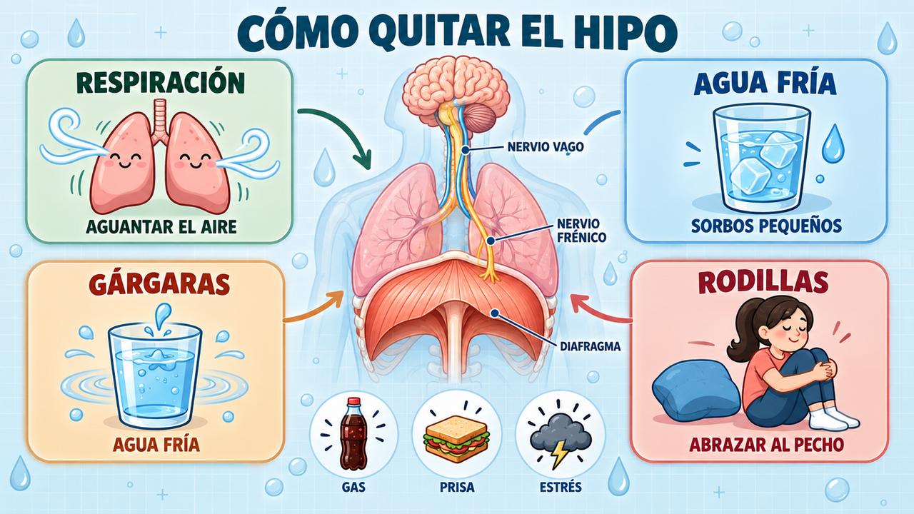 El diafragma y los nervios frénico y vago explican el hipo y cuatro trucos para cortarlo.