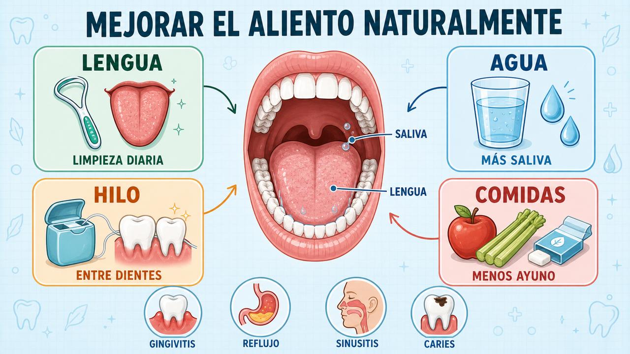 Lengua, agua, hilo dental y comidas regulares mejoran la halitosis.